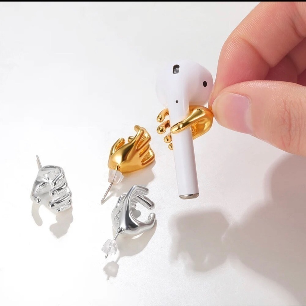 18K White Gold (Rhodium) Plated Anti Loss AirPod Headphone Hand Earrings Holder
